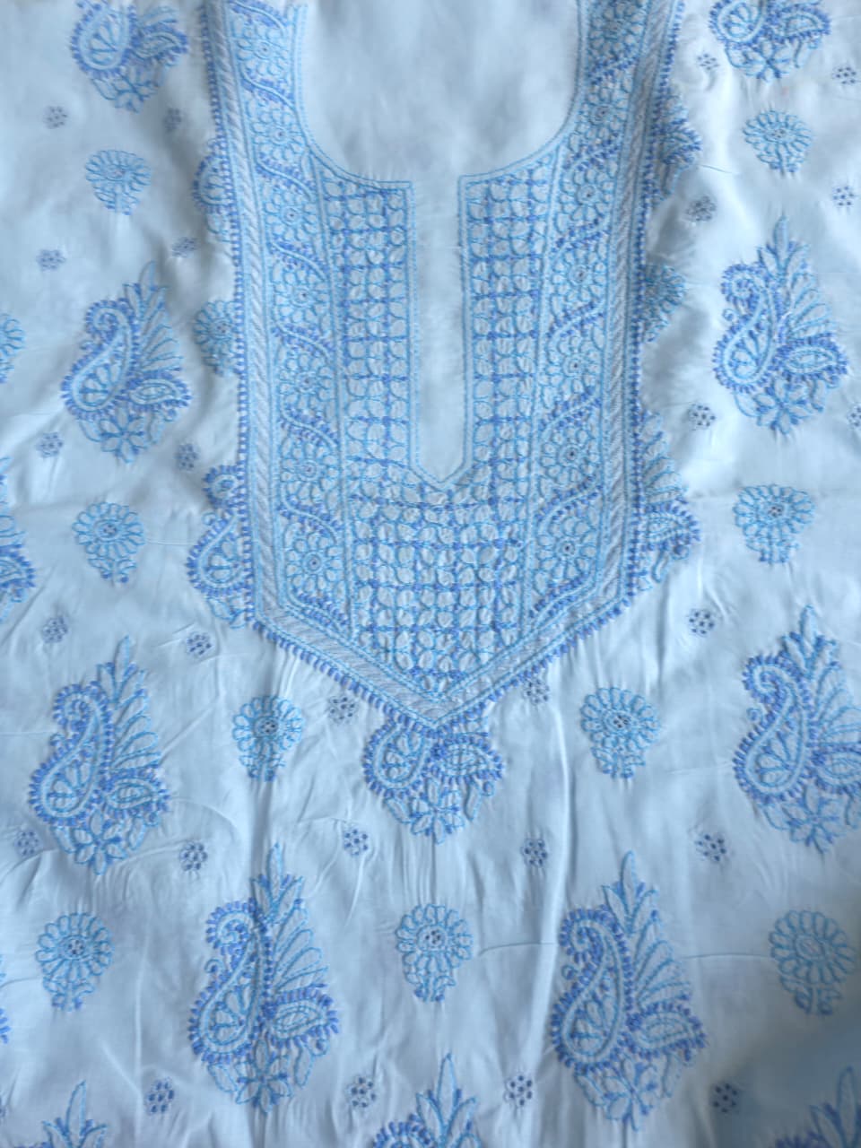 Blue cotton full suit with contrast fine chikankari and designer dupatta