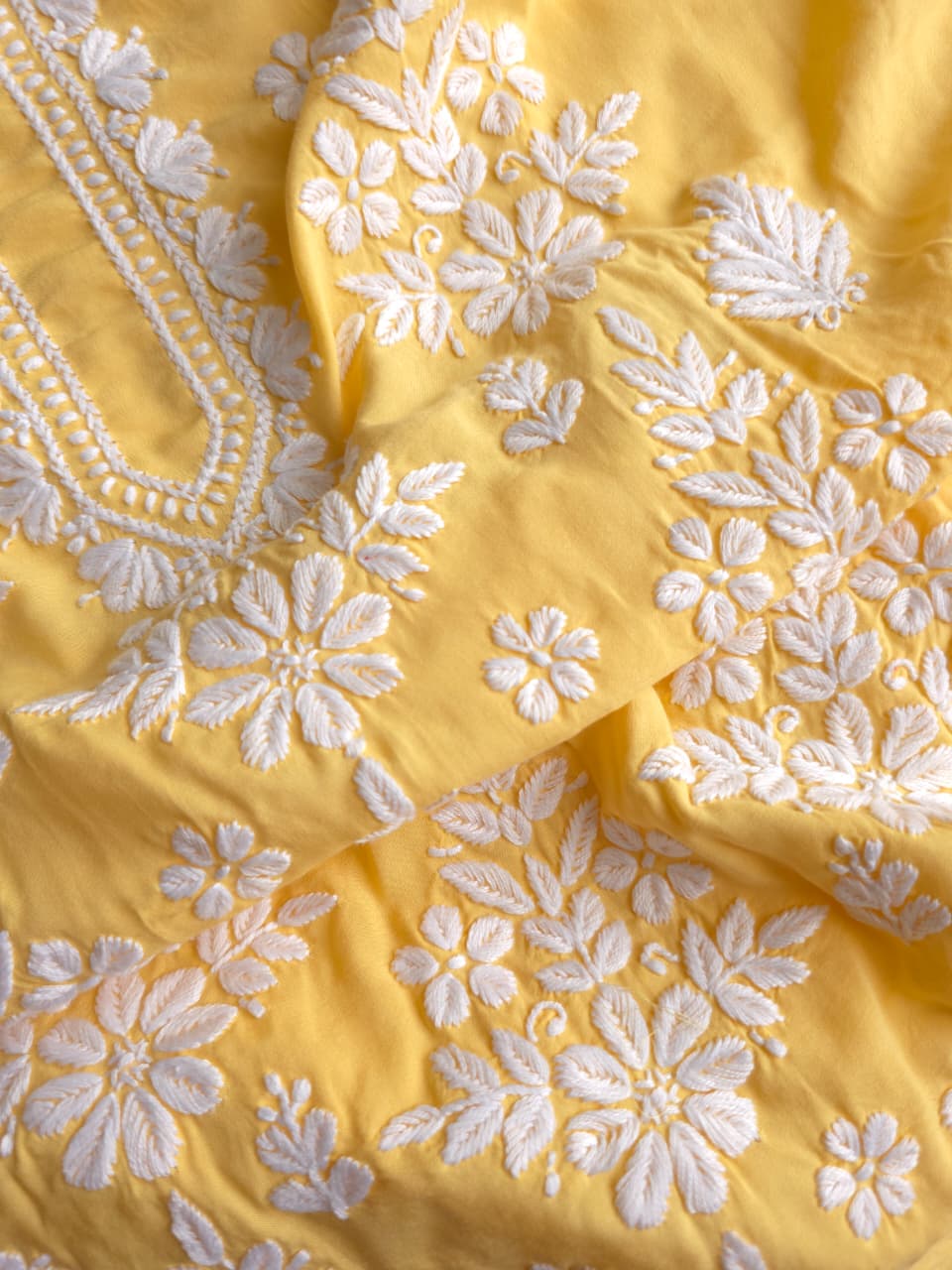 Yellow Modal Kurta fabric with beautiful Chikankari