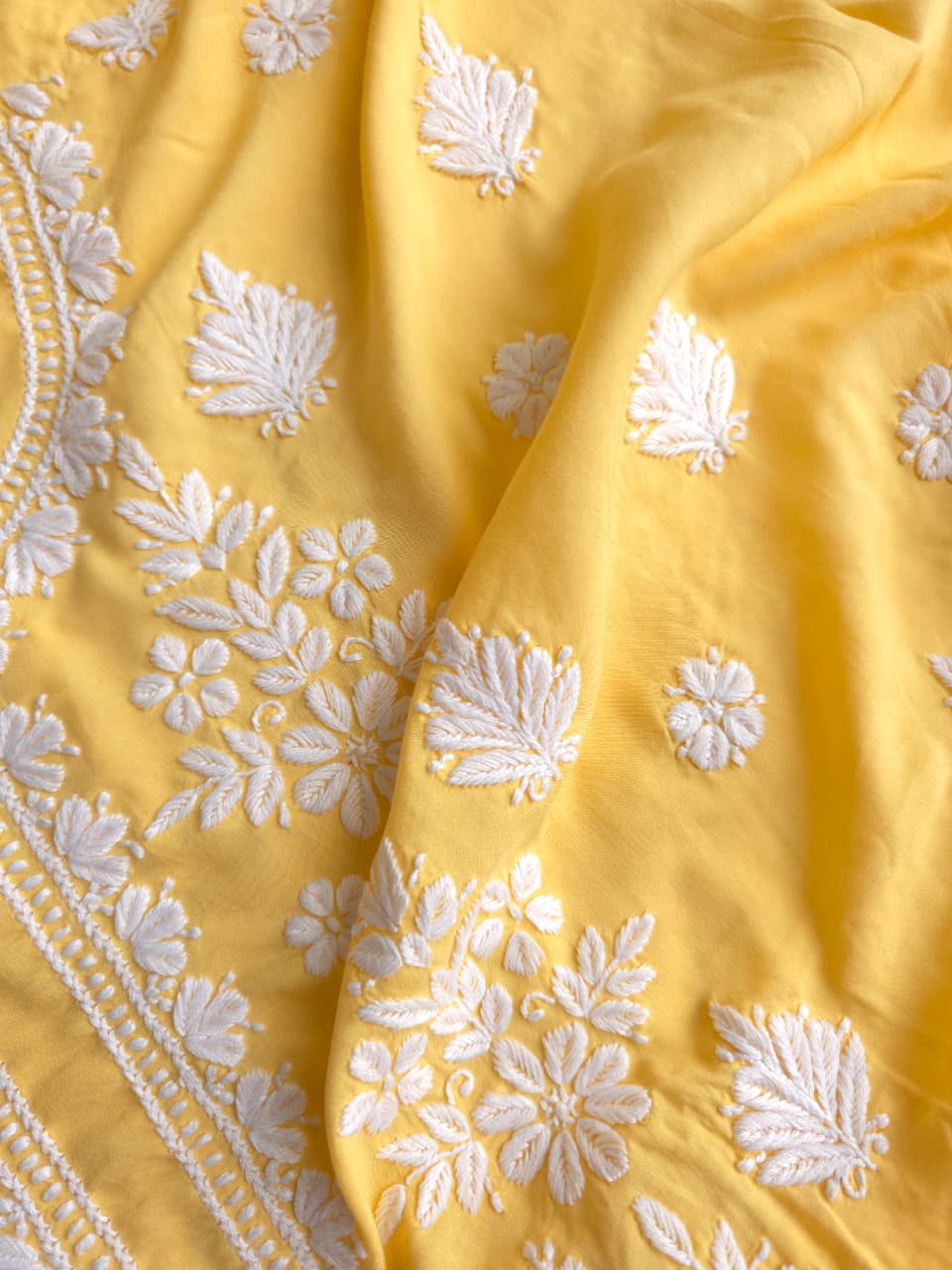 Yellow Modal Kurta fabric with beautiful Chikankari