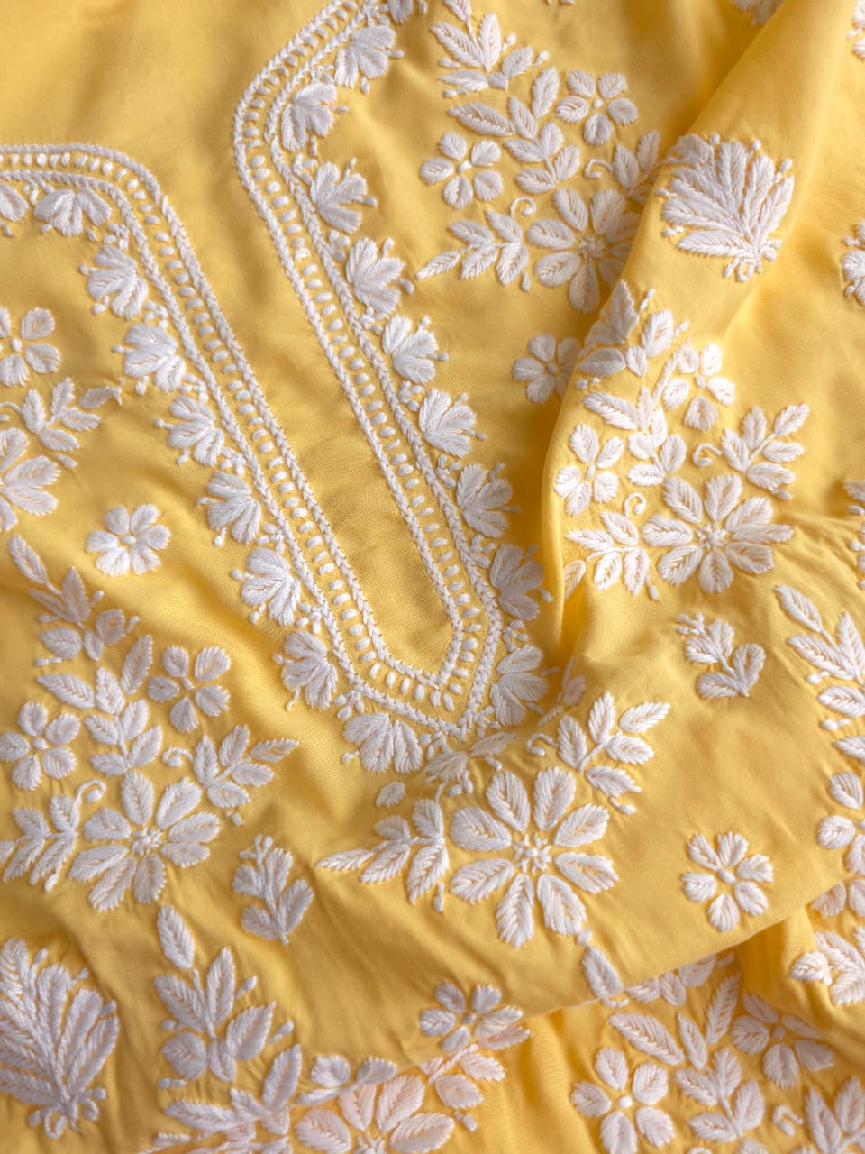 Yellow Modal Kurta fabric with beautiful Chikankari