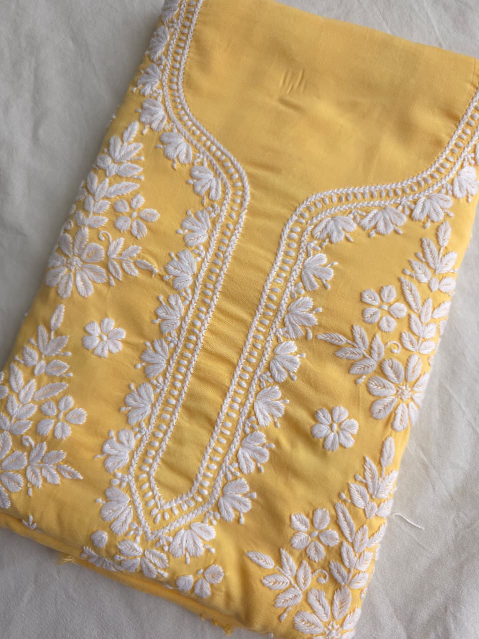 Yellow Modal Kurta fabric with beautiful Chikankari