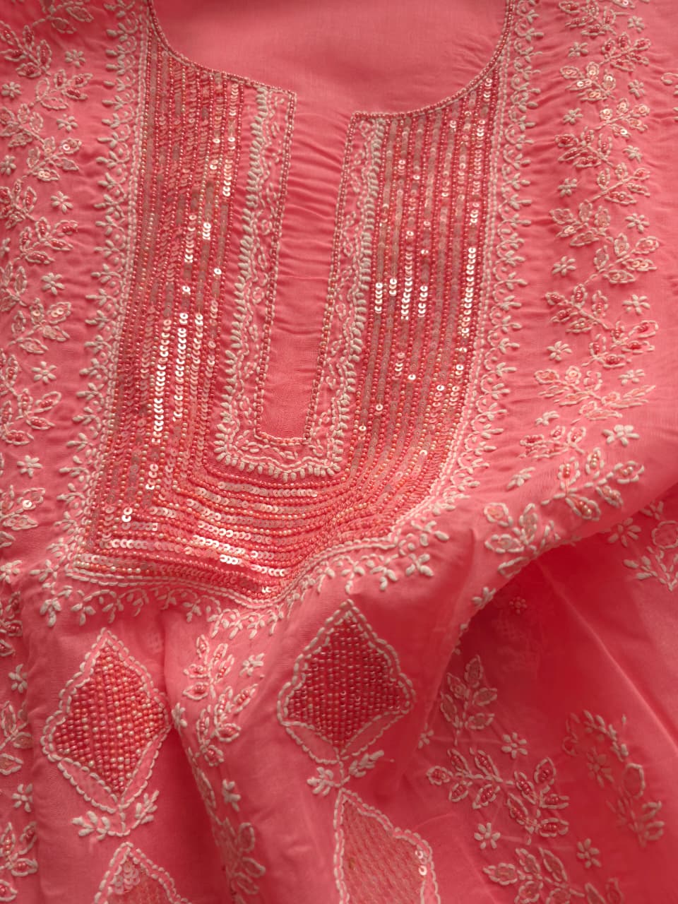 Carrot Color Cotton full suit with chikankari  embellishments