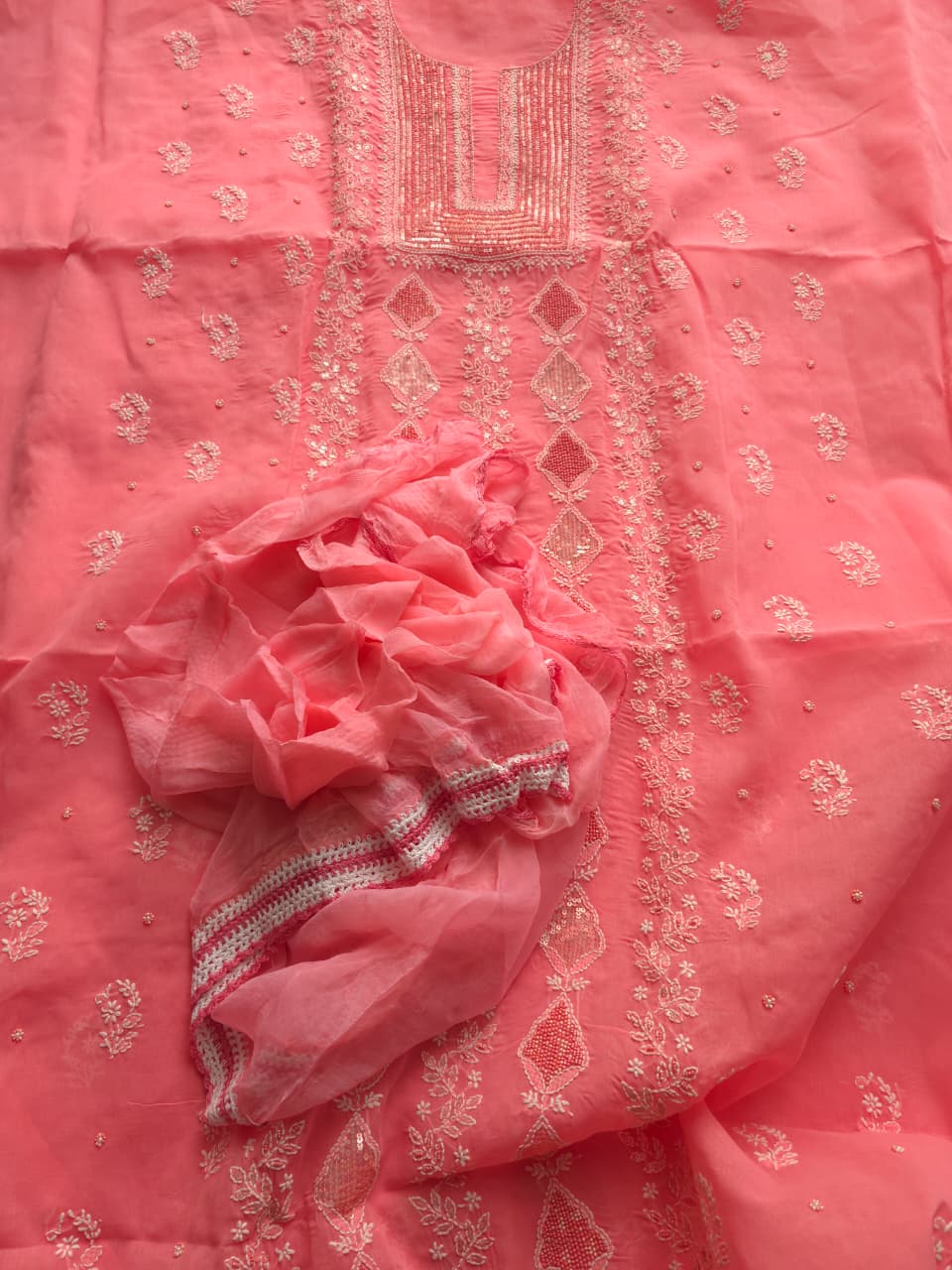 Carrot Color Cotton full suit with chikankari embellishments