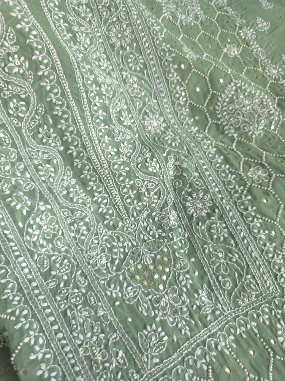 Green cotton full set with handwork and pearl mirrors embellishments