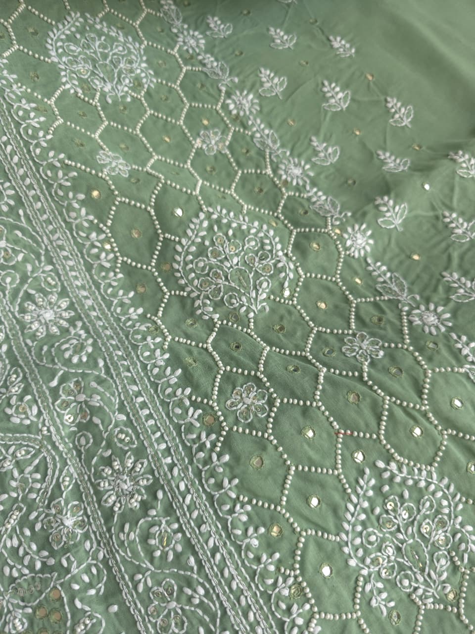 Green cotton full set with handwork and pearl mirrors embellishments