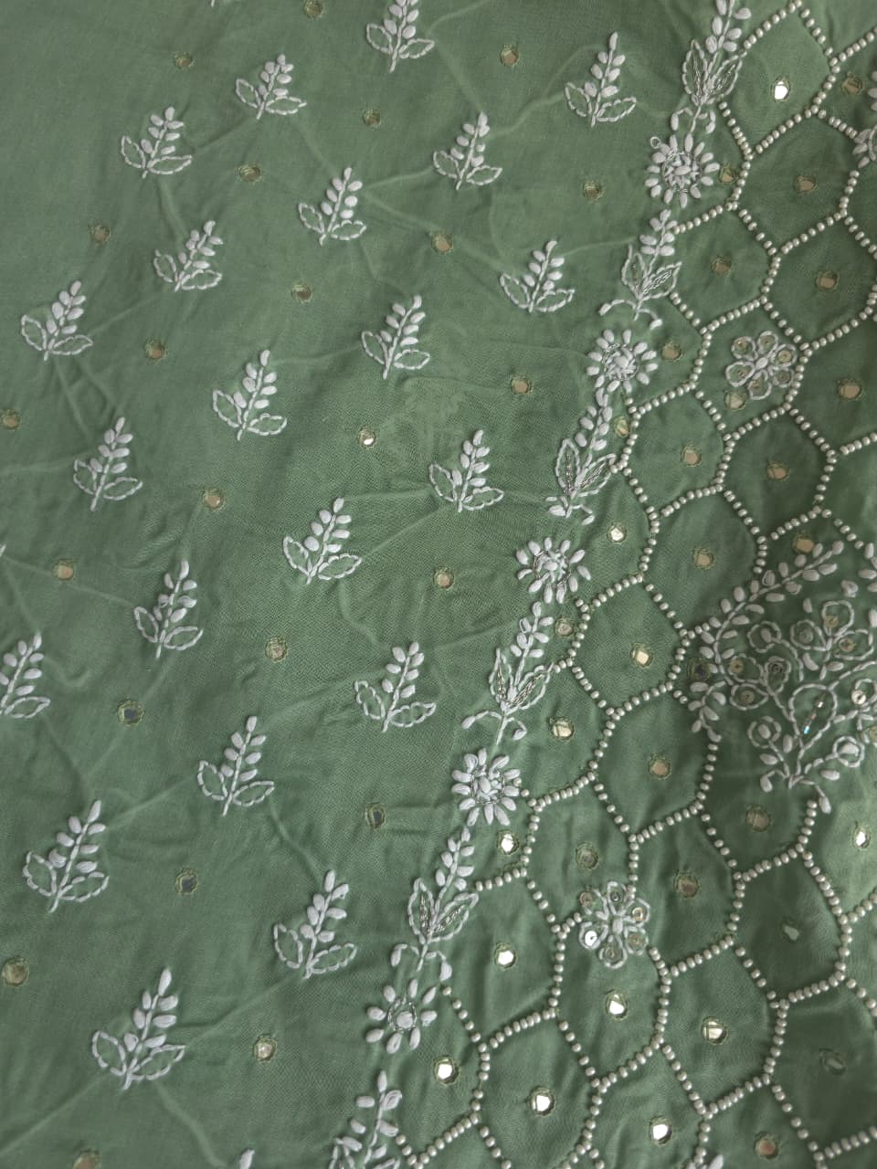 Green cotton full set with handwork and pearl mirrors embellishments