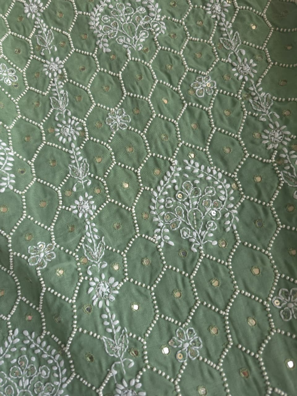 Green cotton full set with handwork and pearl mirrors embellishments