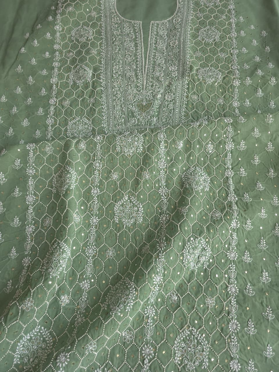 Green cotton full set with handwork and pearl mirrors embellishments