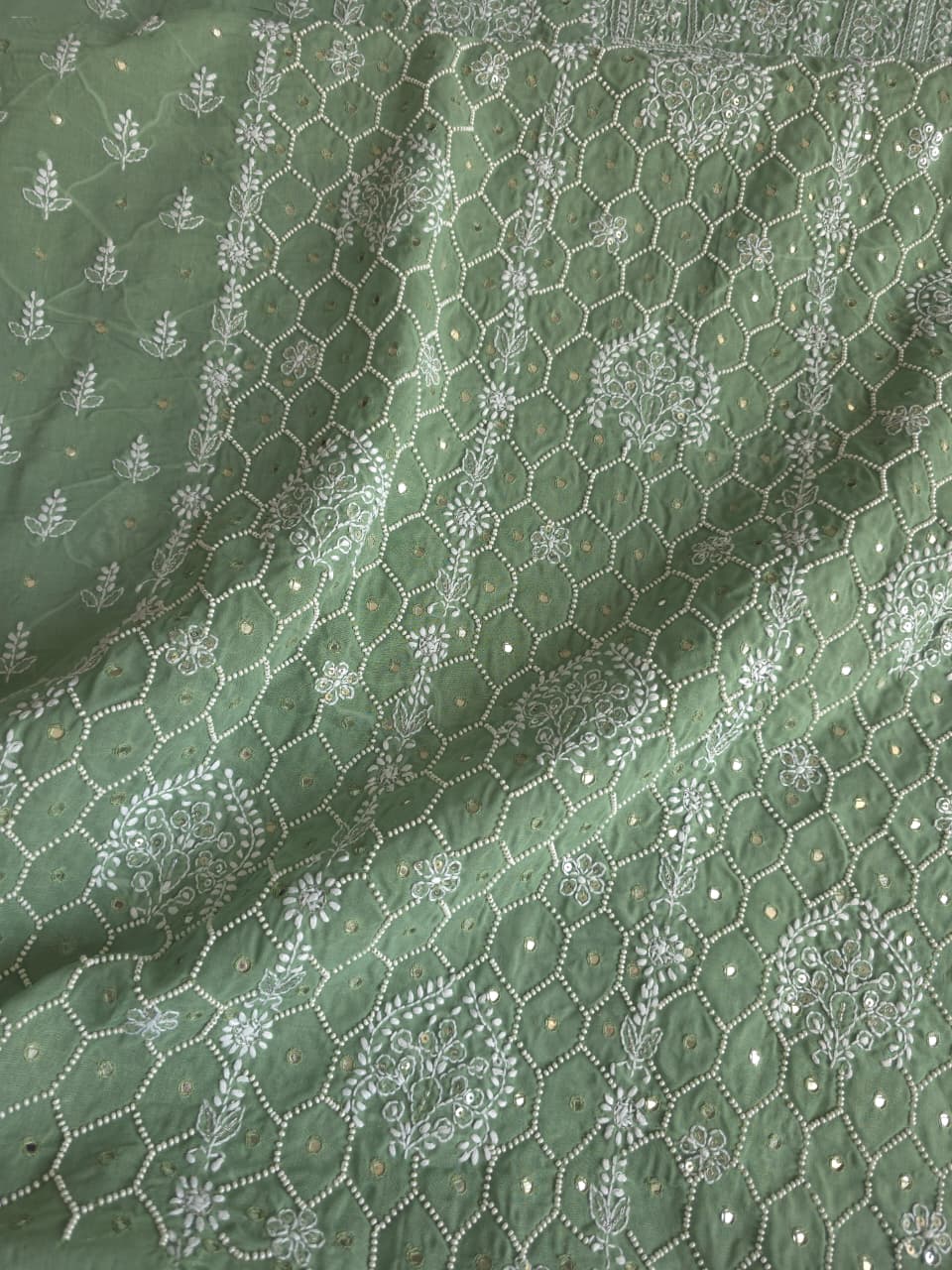 Green cotton full set with handwork and pearl mirrors embellishments