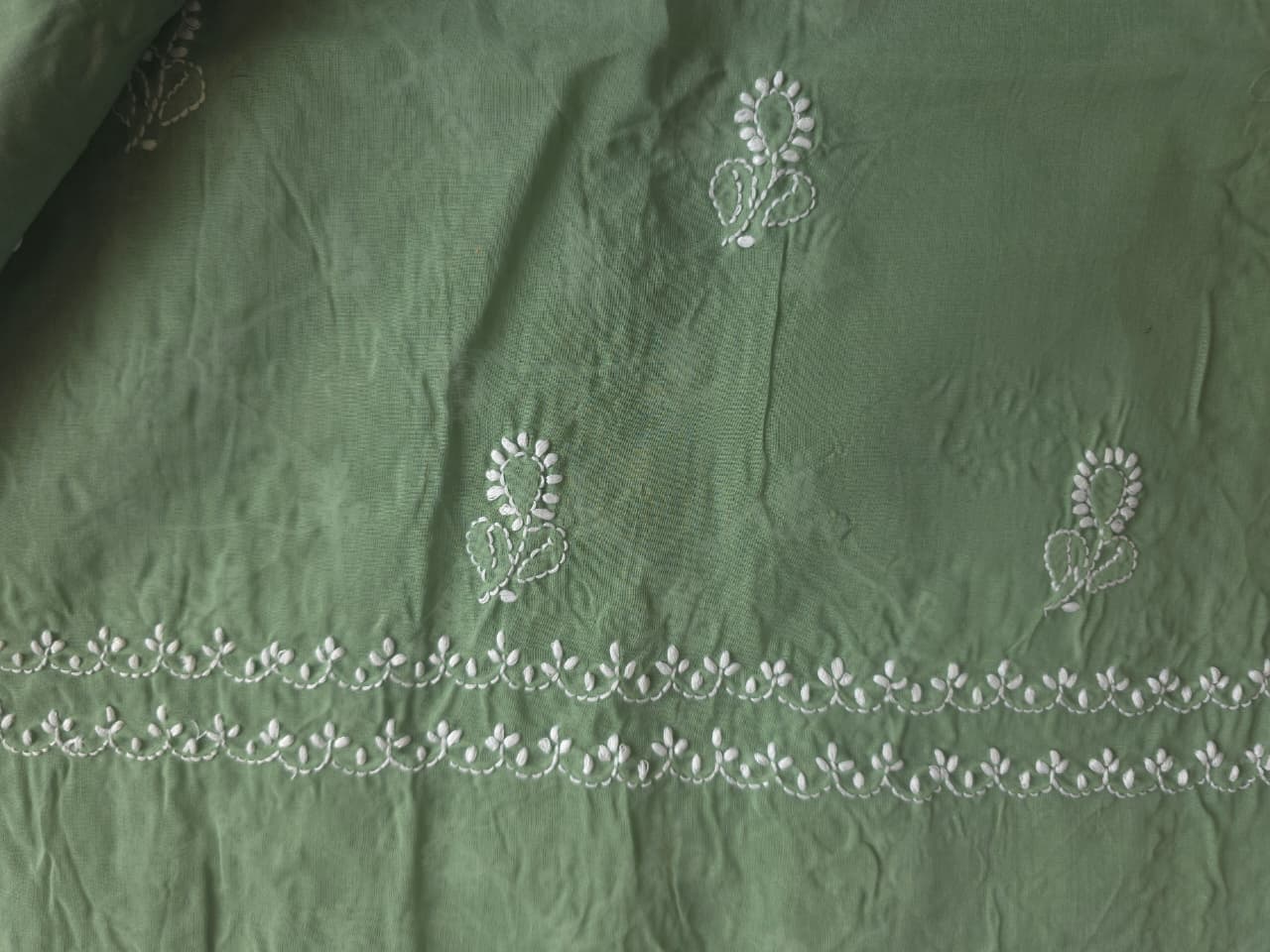 Green cotton full set with handwork and pearl mirrors embellishments