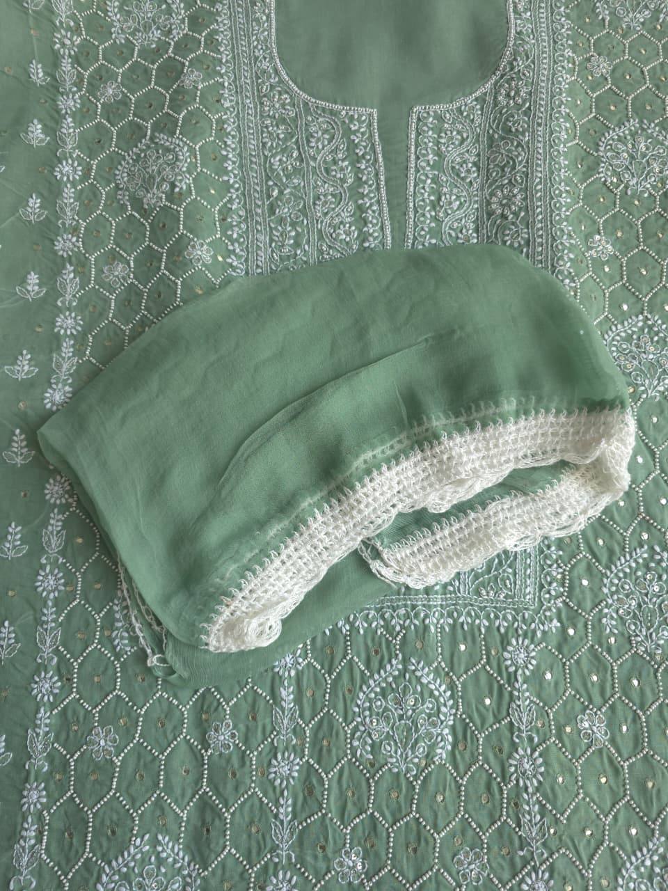 Green cotton full set with handwork and pearl mirrors embellishments