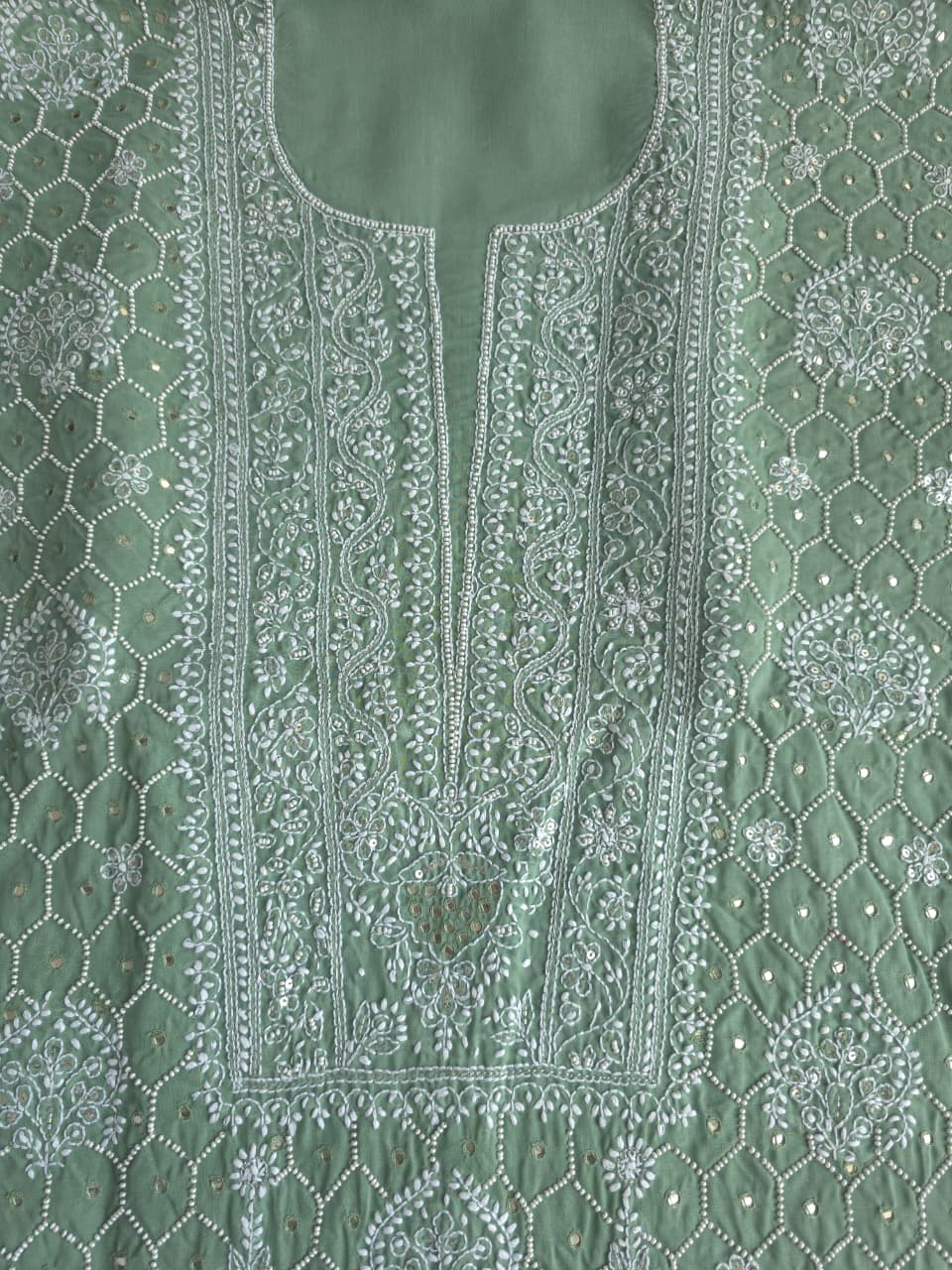 Green cotton full set with handwork and pearl mirrors embellishments