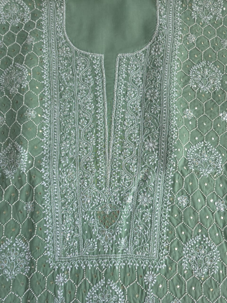 Image of Green cotton full set with handwork and pearl mirrors embellishments
