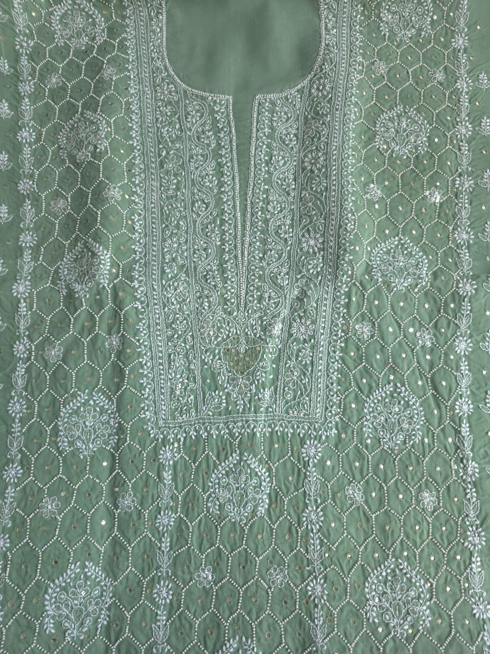 Green cotton full set with handwork and pearl mirrors embellishments
