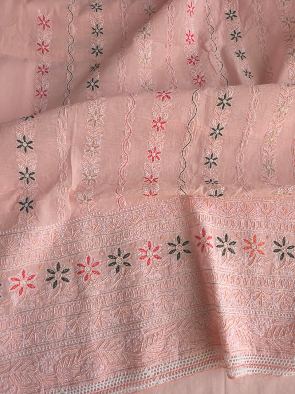 Pastel Peach color cotton full set with handwork