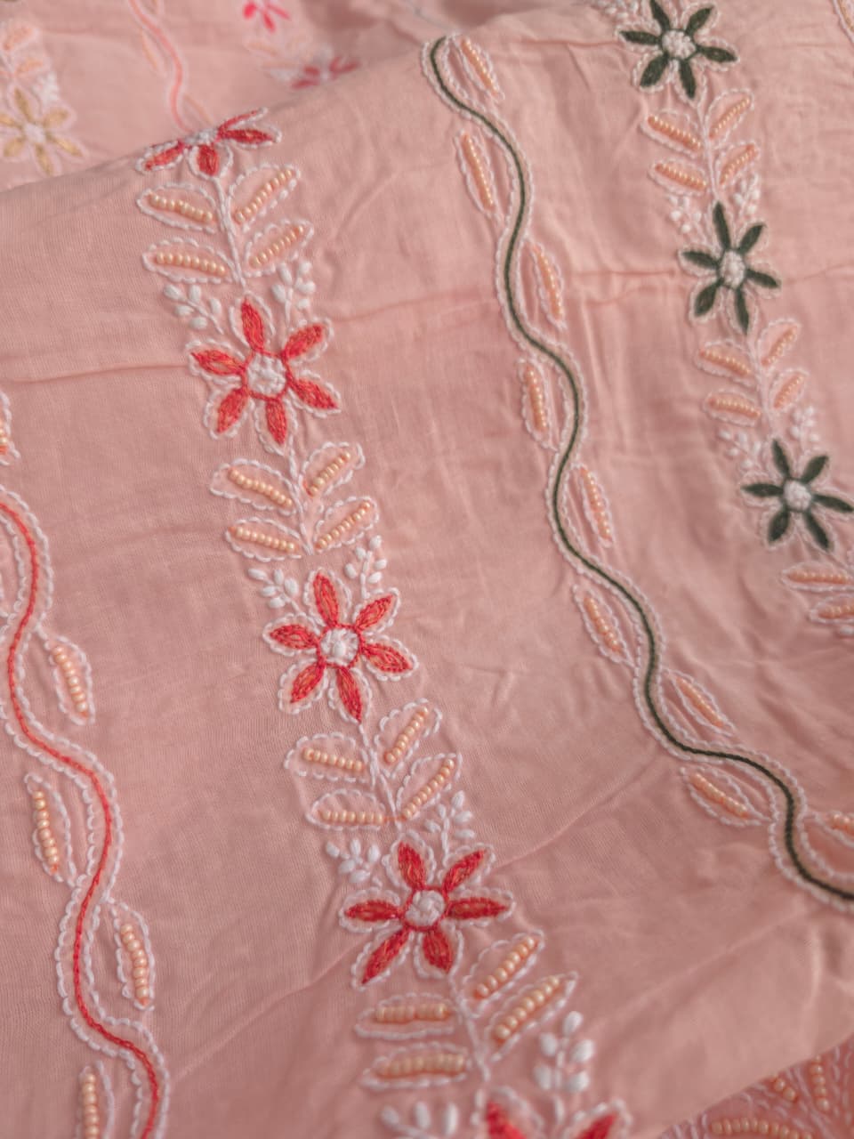 Pastel Peach color cotton full set with handwork