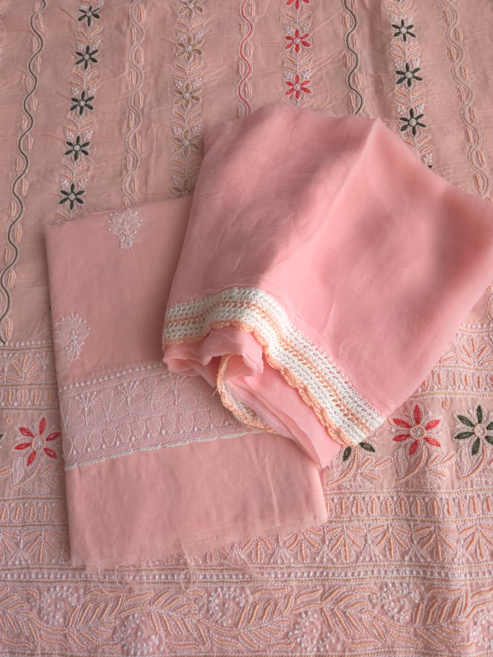 Pastel Peach color cotton full set with handwork
