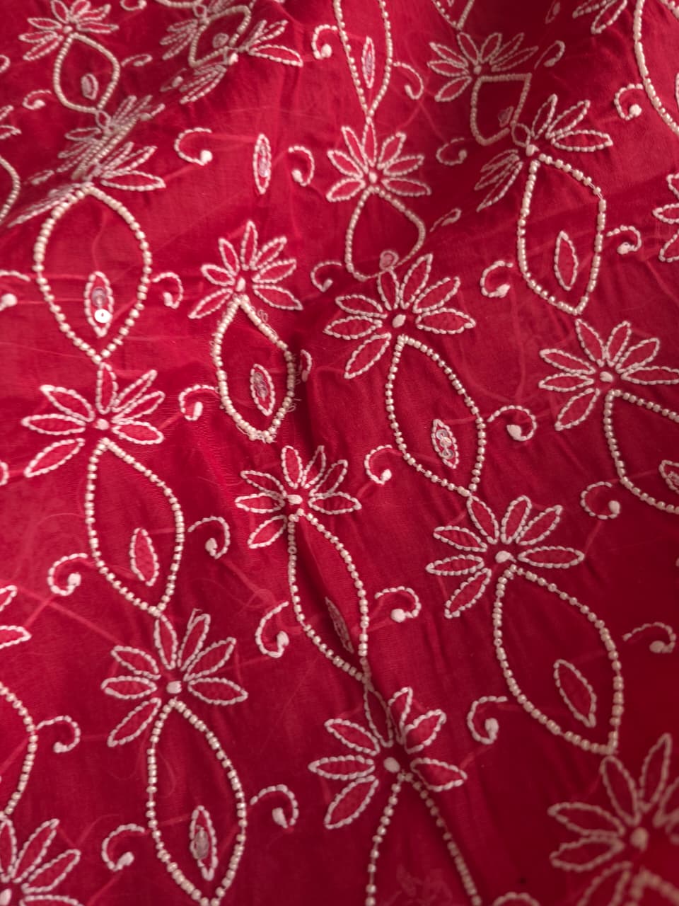 Deep Red Cotton Full set with Pearl work