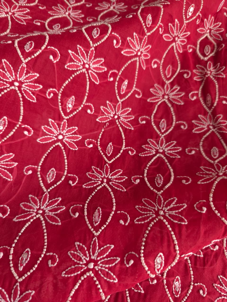 Deep Red Cotton Full set with Pearl work