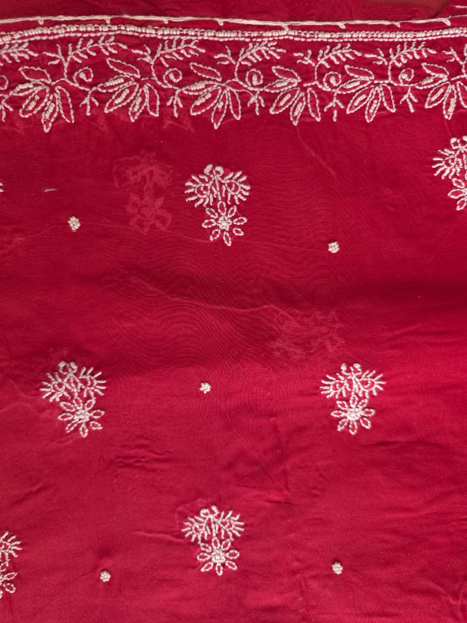 Deep Red Cotton Full set with Pearl work