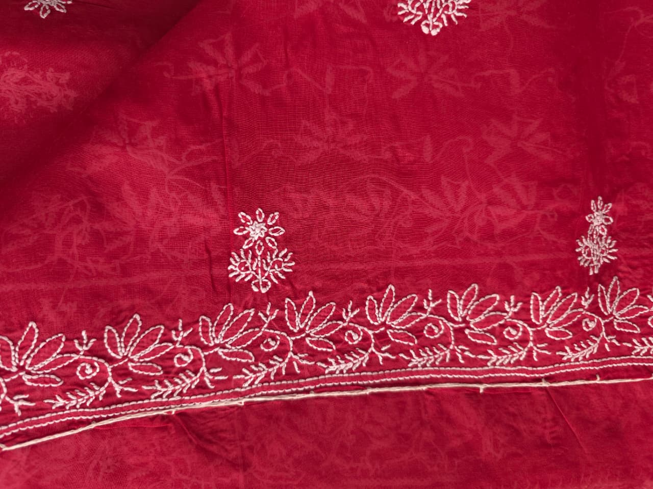 Deep Red Cotton Full set with Pearl work