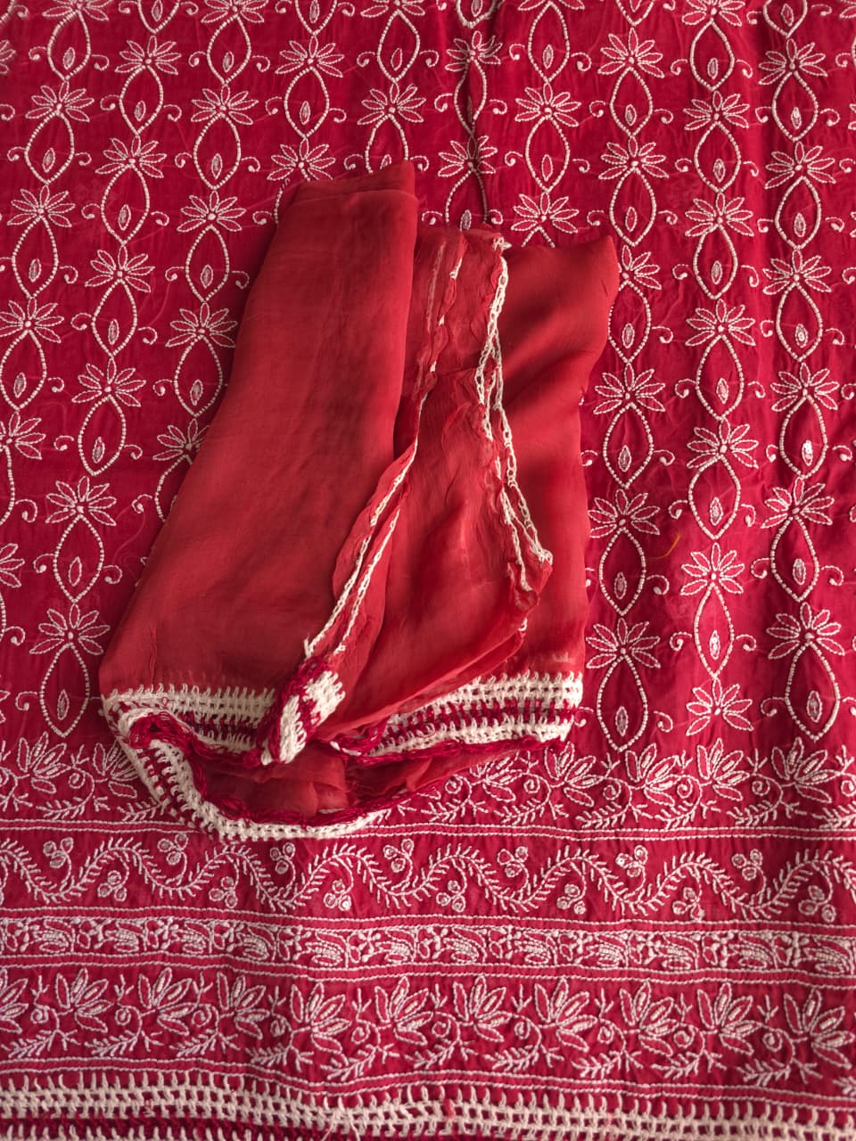 Deep Red Cotton Full set with Pearl work