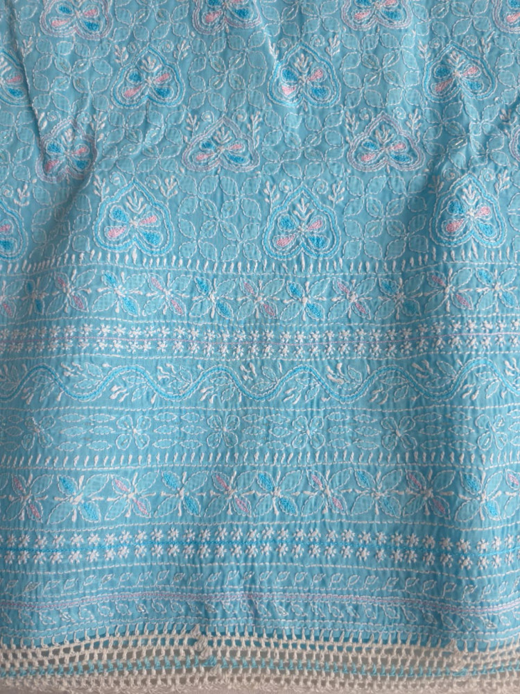 Image of Blue cotton full set with Jaalwork and embellishments