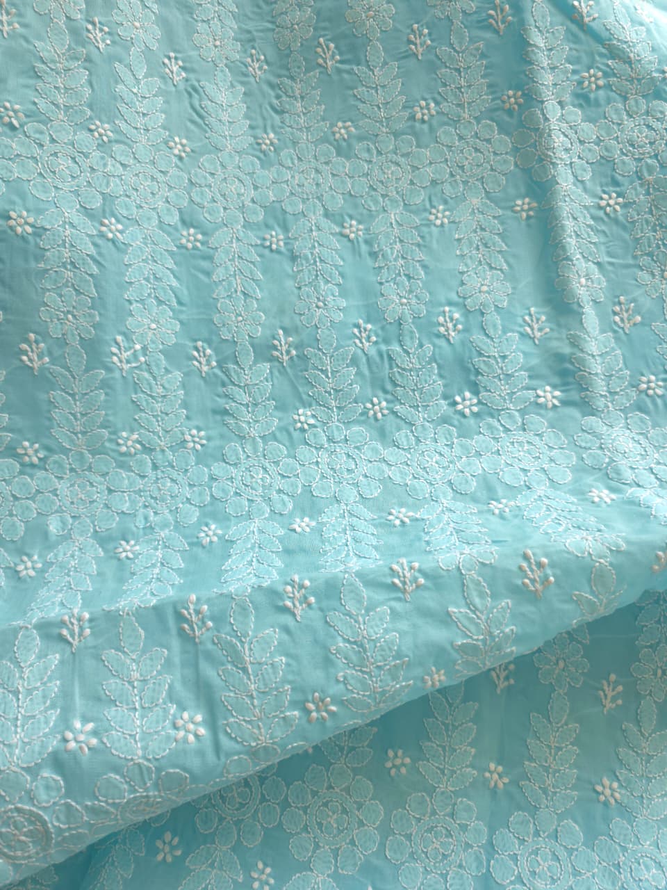 Sky Blue cotton kurta fabric with beautful chikankari jaalwork