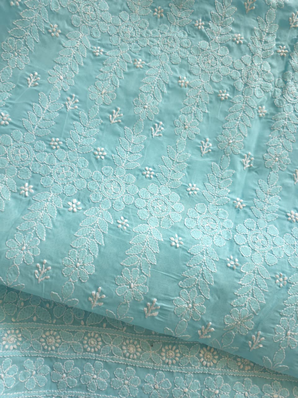 Sky Blue cotton kurta fabric with beautful chikankari jaalwork
