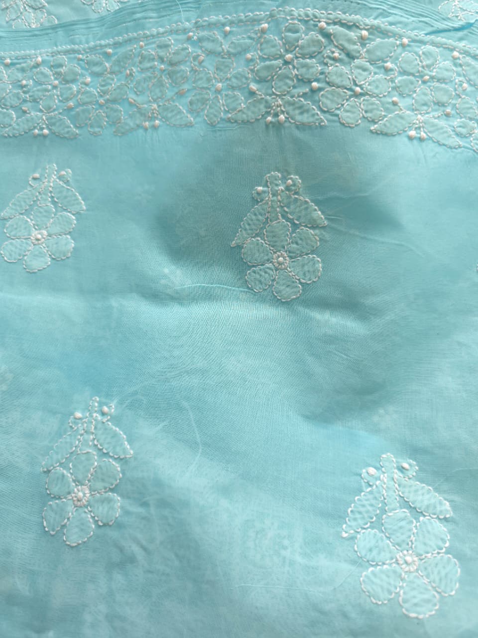 Sky Blue cotton kurta fabric with beautful chikankari jaalwork