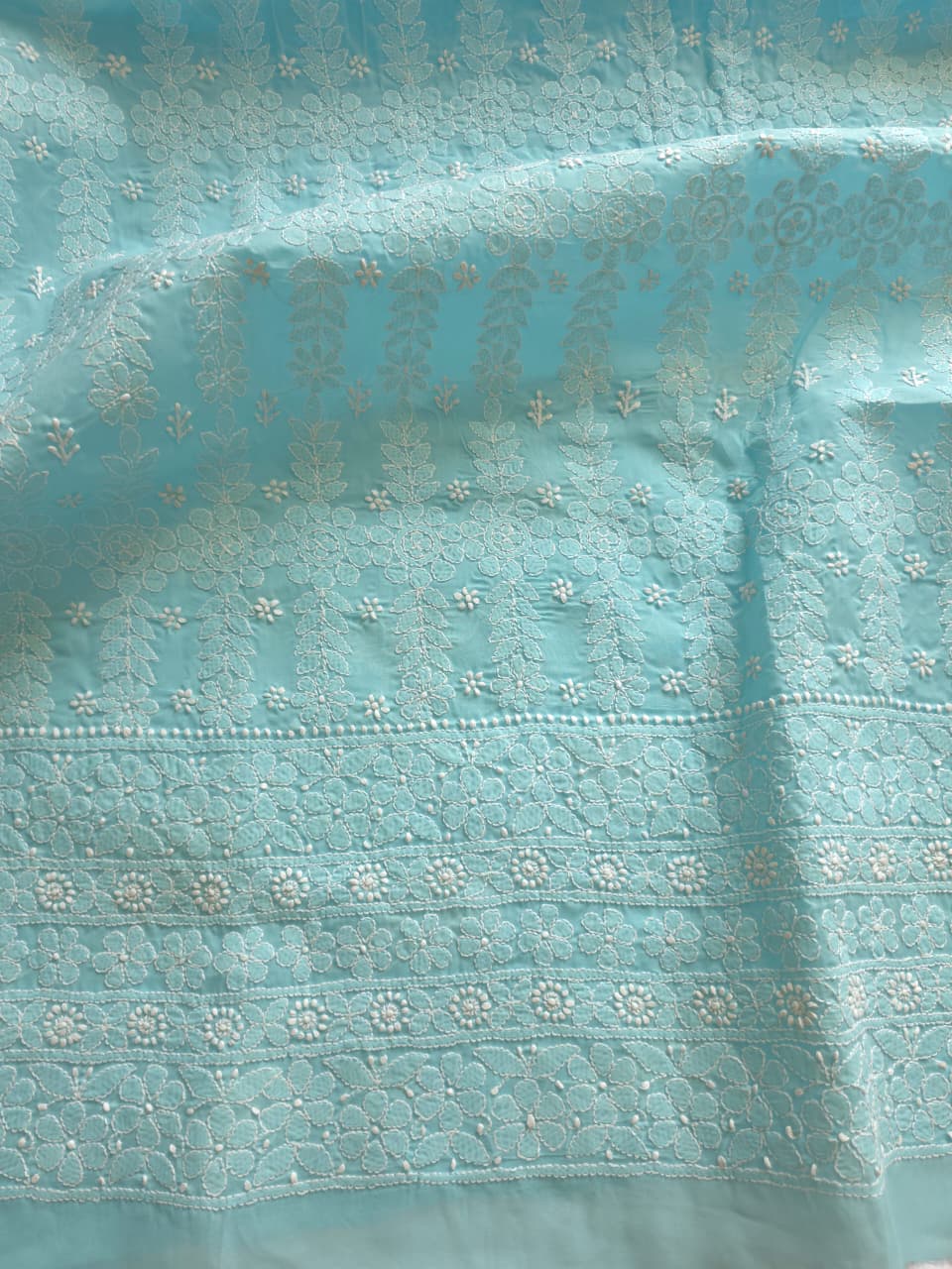 Sky Blue cotton kurta fabric with beautful chikankari jaalwork