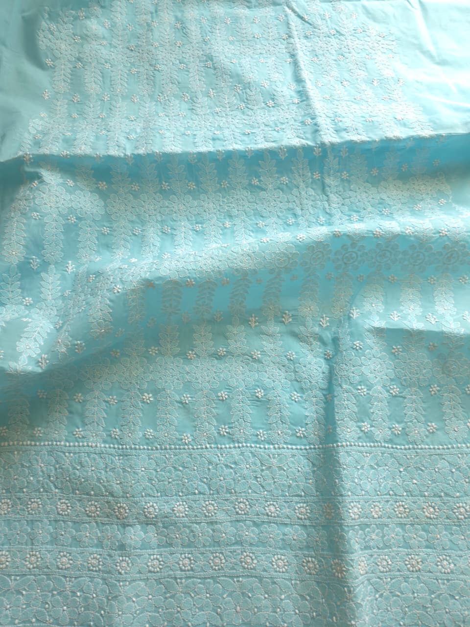 Sky Blue cotton kurta fabric with beautful chikankari jaalwork