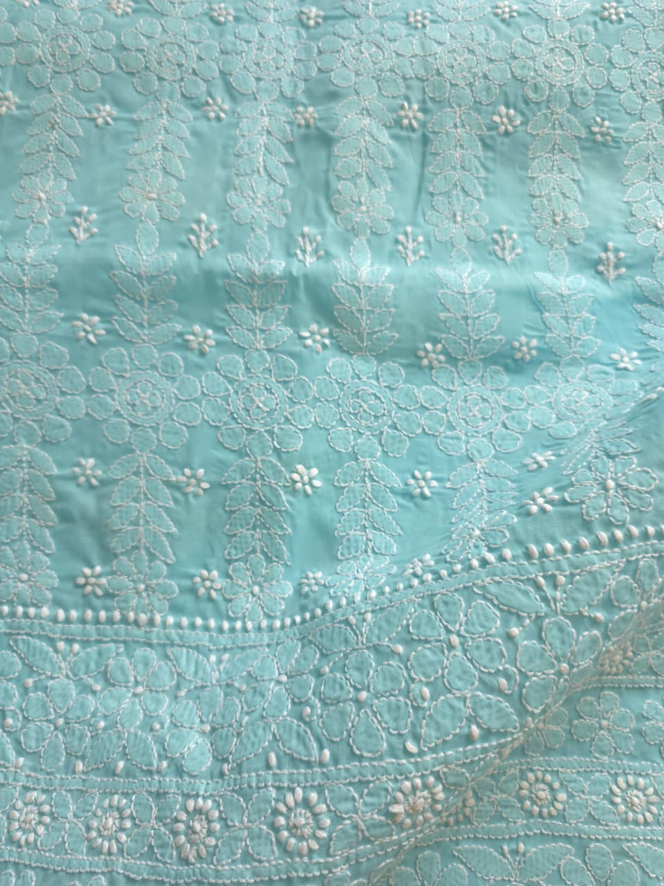 Sky Blue cotton kurta fabric with beautful chikankari jaalwork