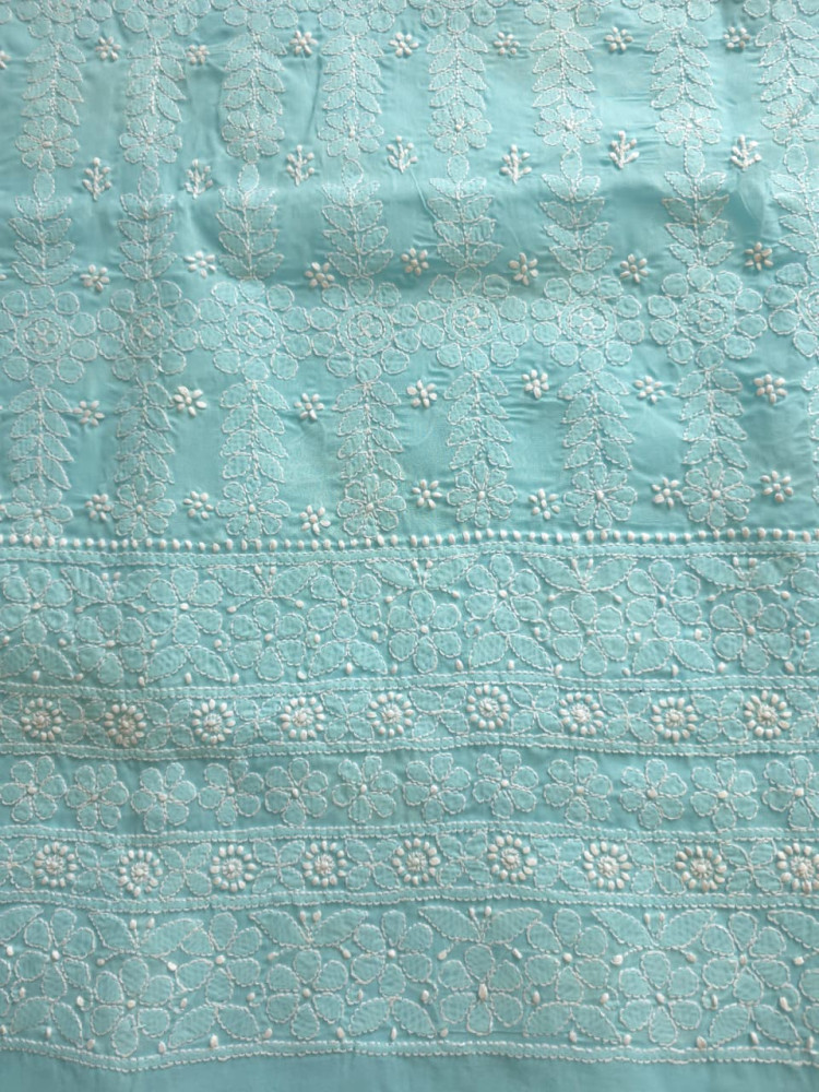 Image of Sky Blue cotton kurta fabric with beautful chikankari jaalwork
