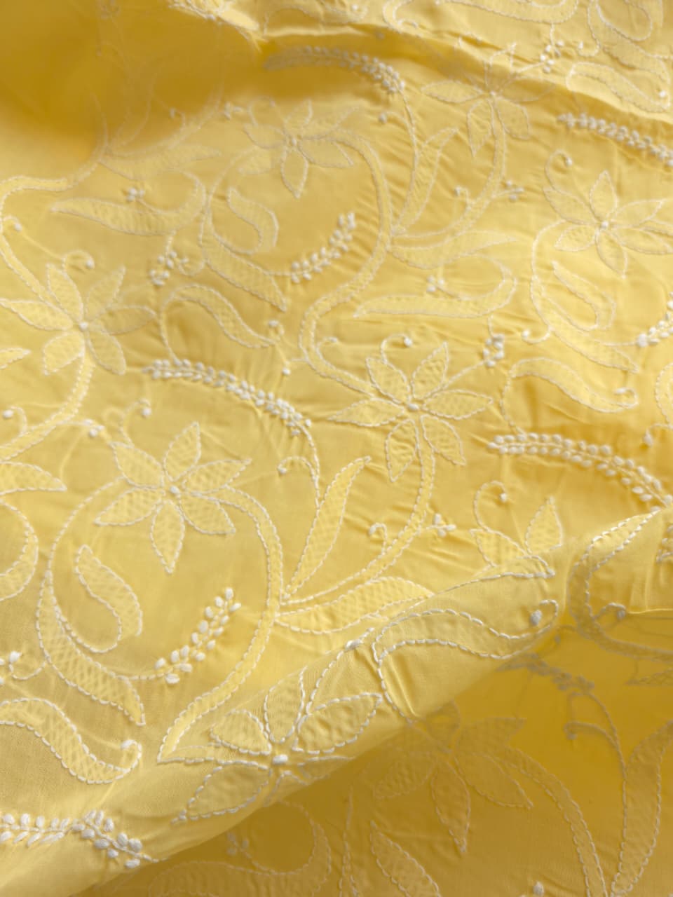 Yellow Cotton kurta fabric with fine handwork chikankari