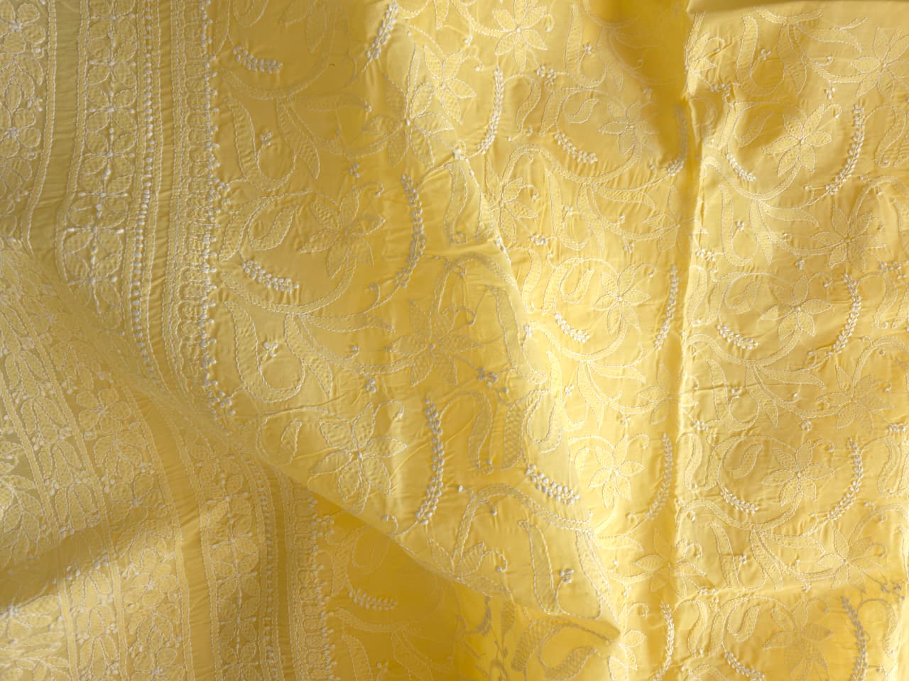 Yellow Cotton kurta fabric with fine handwork chikankari