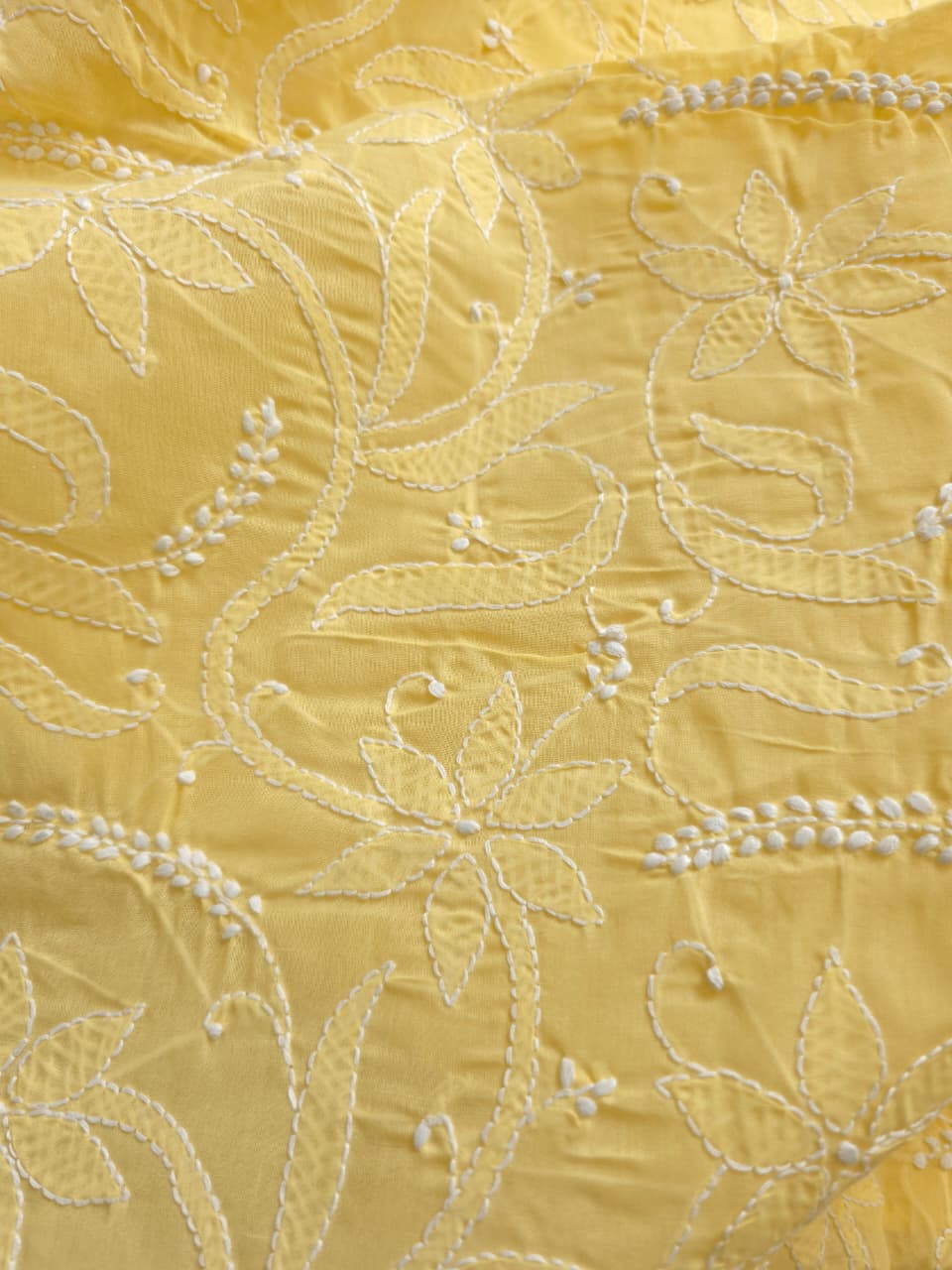Yellow Cotton kurta fabric with fine handwork chikankari