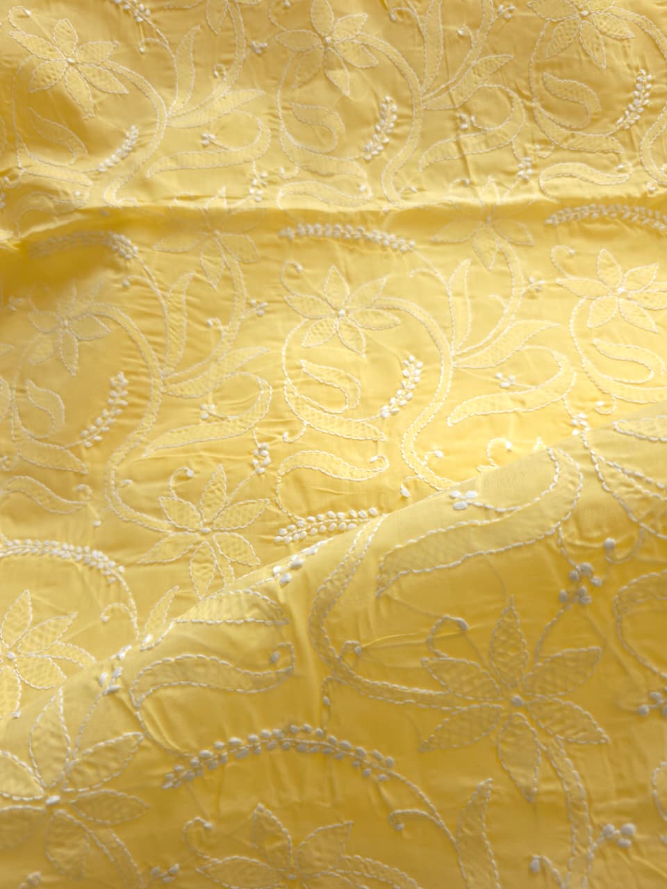 Yellow Cotton kurta fabric with fine handwork chikankari