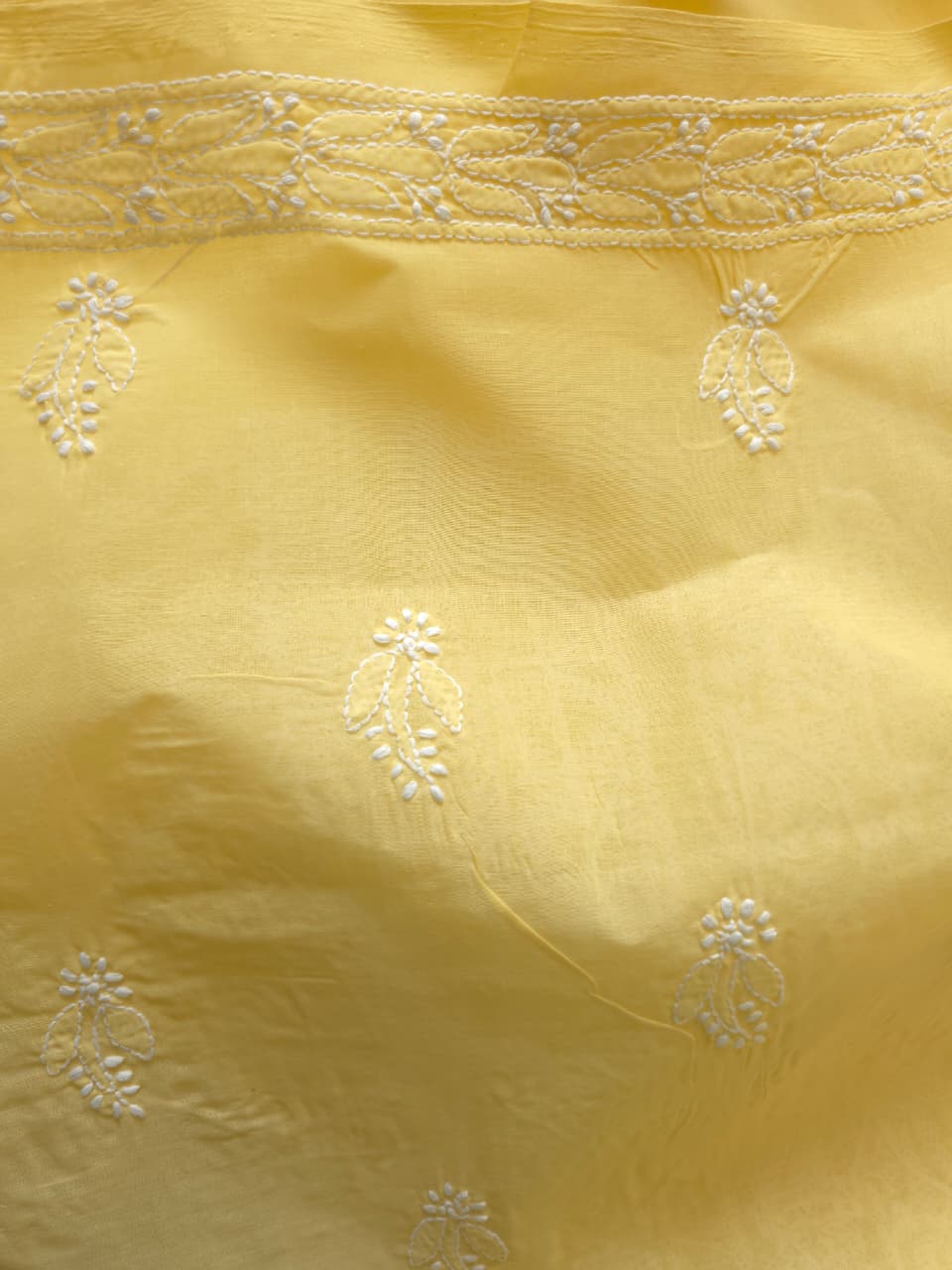Yellow Cotton kurta fabric with fine handwork chikankari