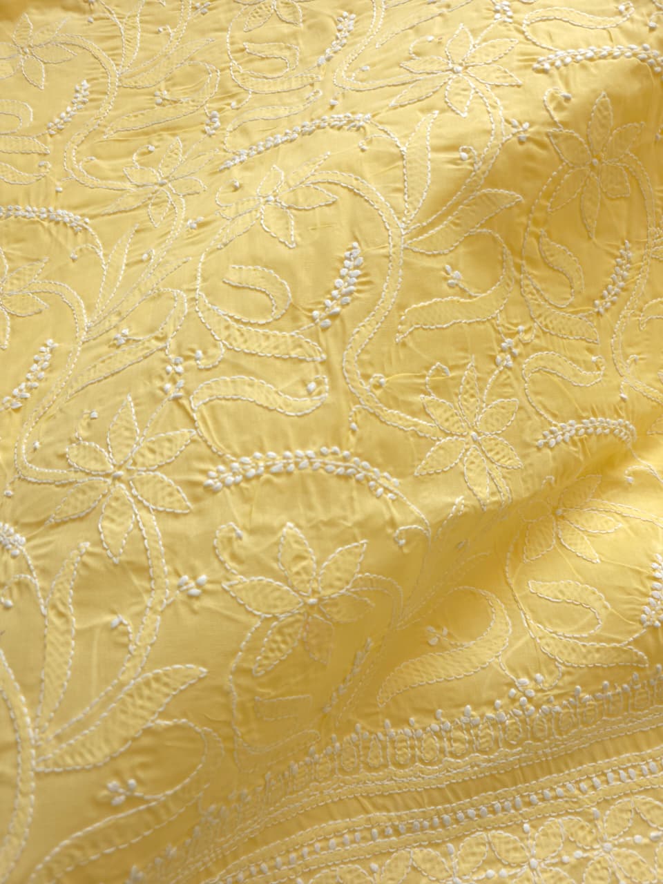 Yellow Cotton kurta fabric with fine handwork chikankari