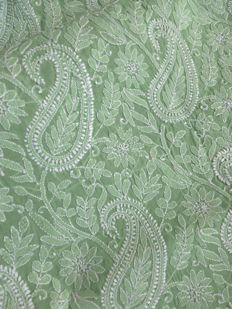 Green Cotton kurta fabric with exquisite Handwork chikankari