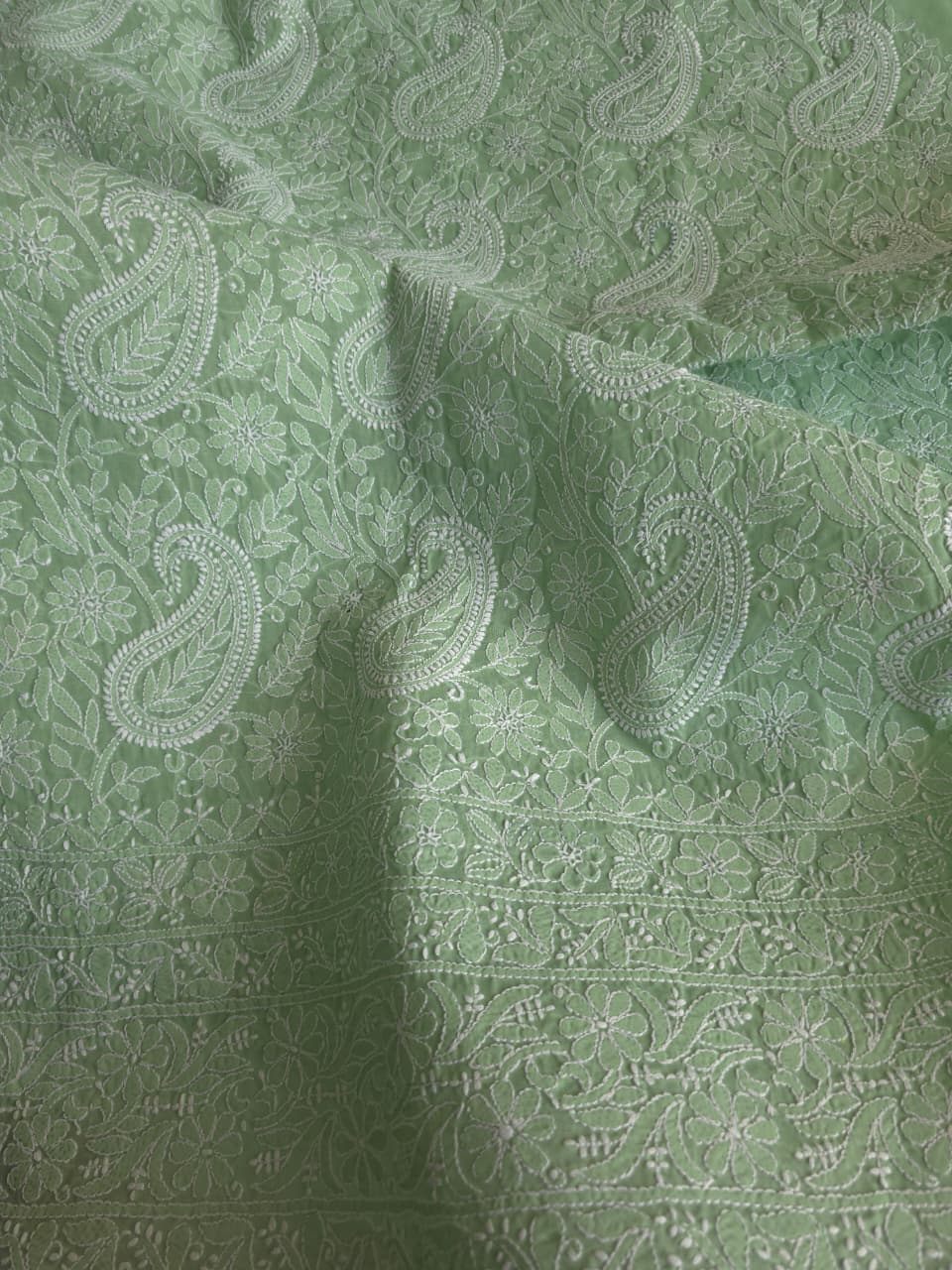 Green Cotton kurta fabric with exquisite Handwork chikankari