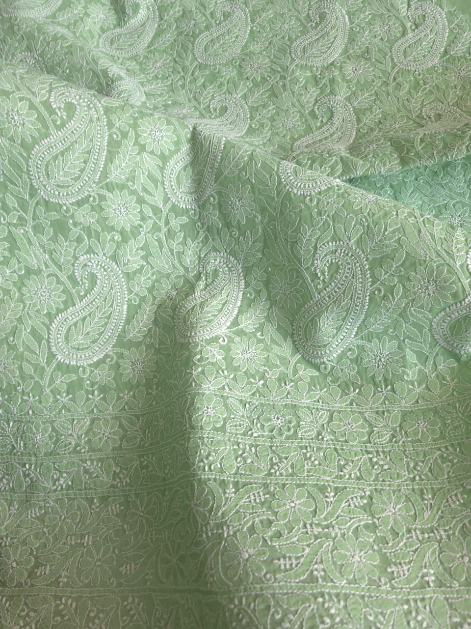 Green Cotton kurta fabric with exquisite Handwork chikankari