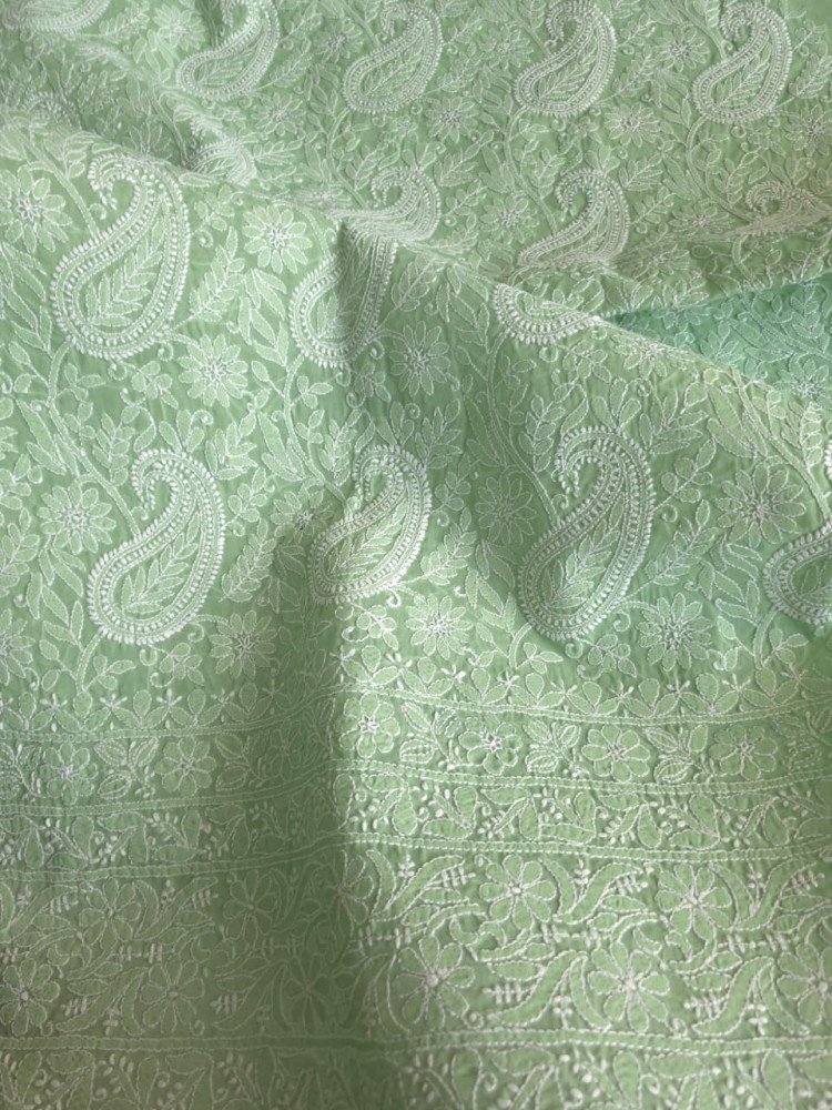 Image of Green Cotton kurta fabric with exquisite Handwork chikankari