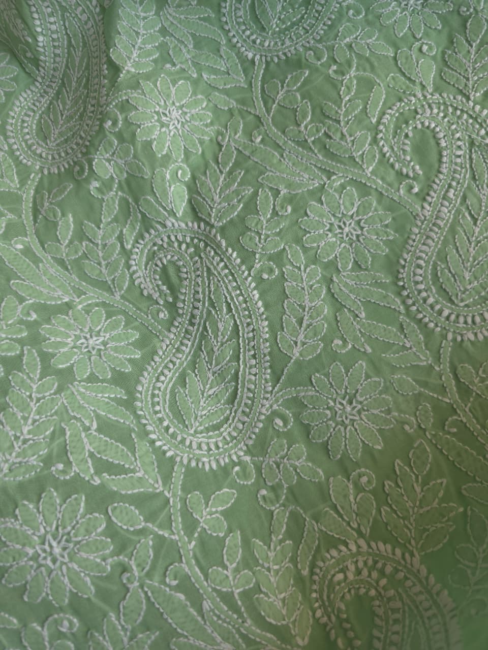 Green Cotton kurta fabric with exquisite Handwork chikankari