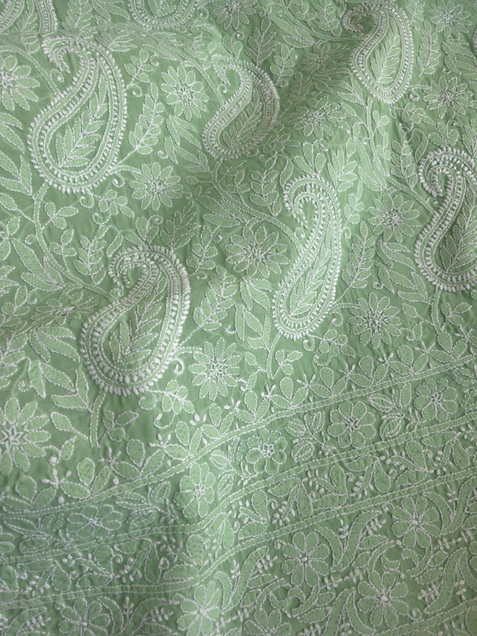 Green Cotton kurta fabric with exquisite Handwork chikankari