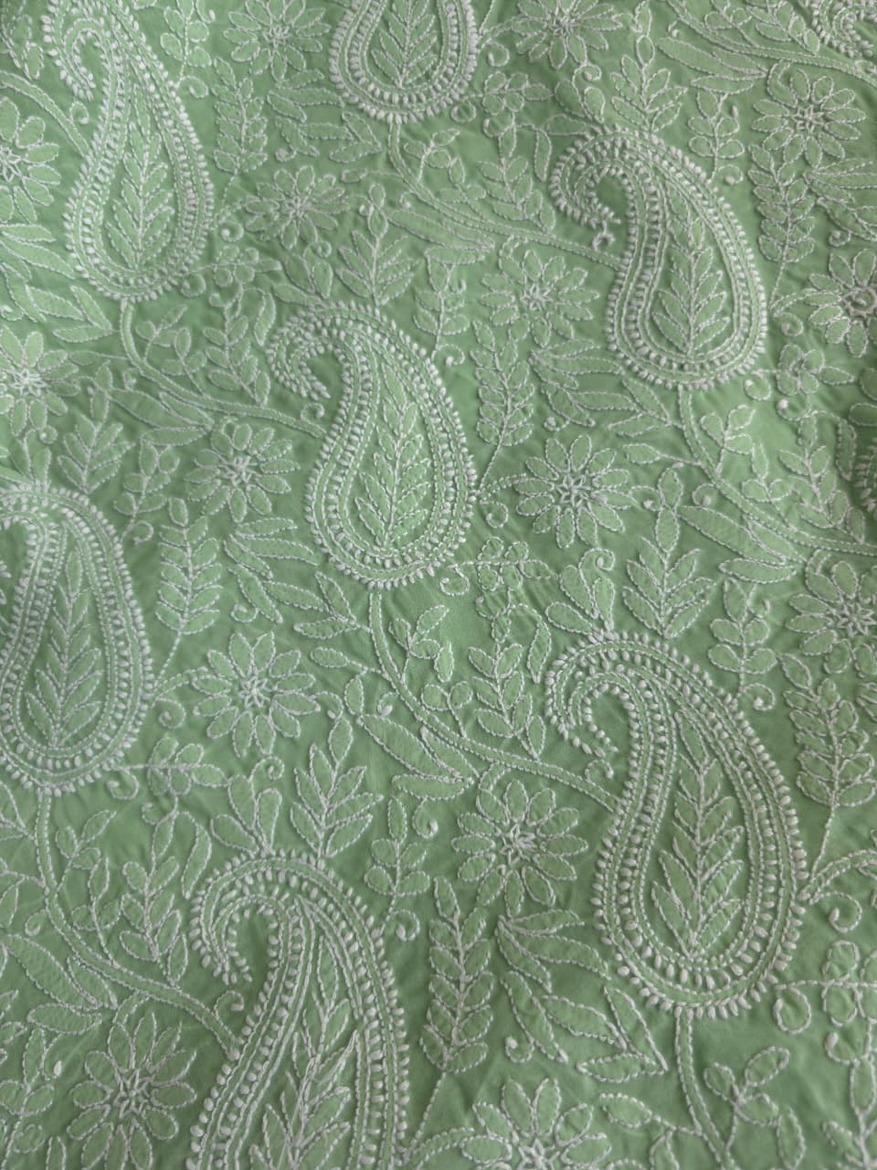 Green Cotton kurta fabric with exquisite Handwork chikankari