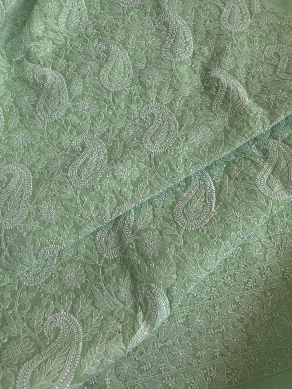Green Cotton kurta fabric with exquisite Handwork chikankari