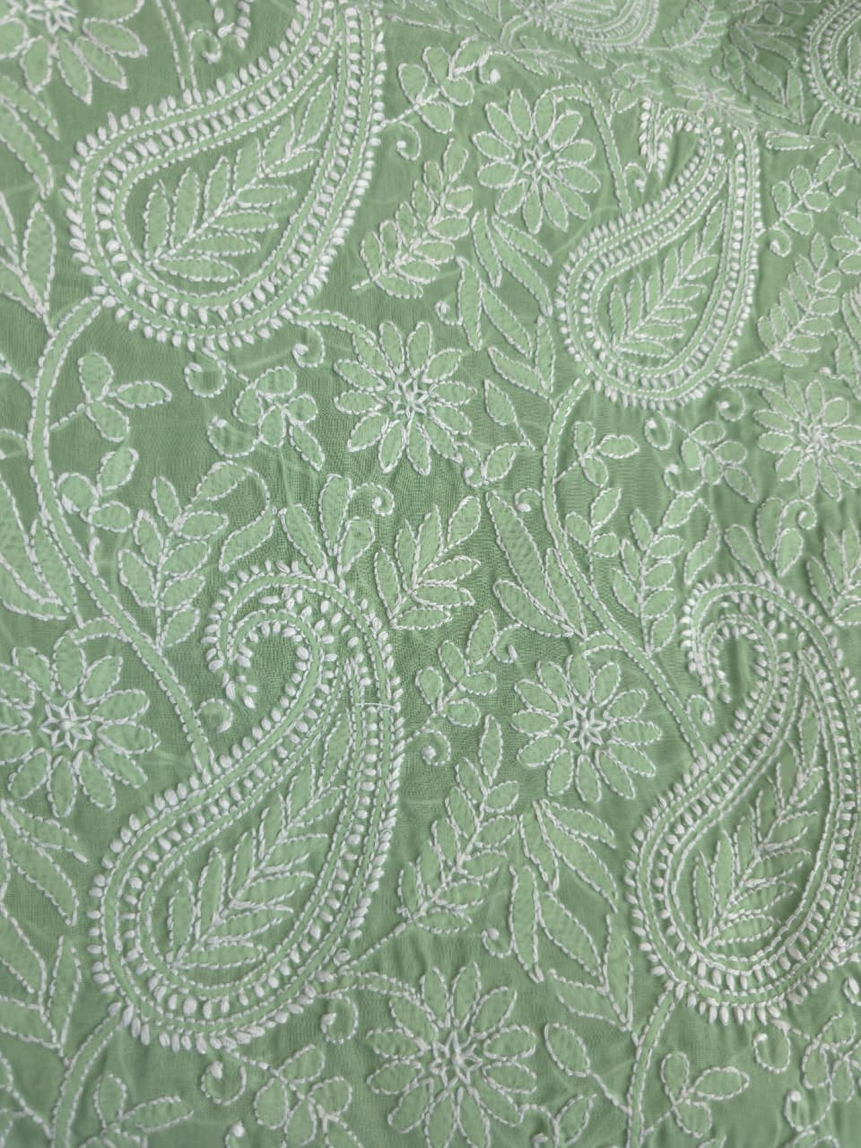 Green Cotton kurta fabric with exquisite Handwork chikankari