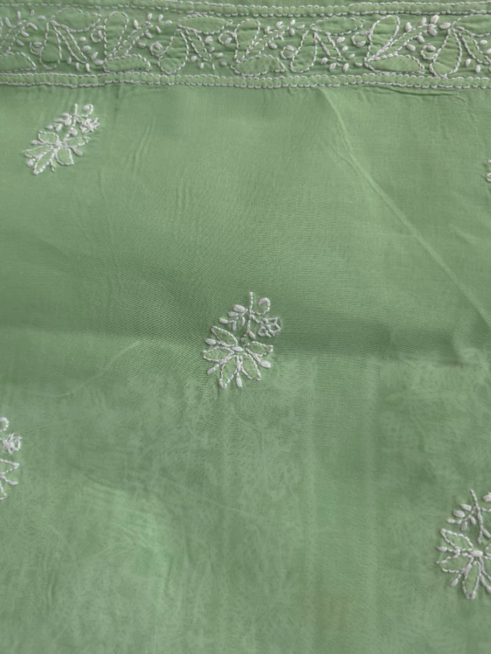 Green Cotton kurta fabric with exquisite Handwork chikankari